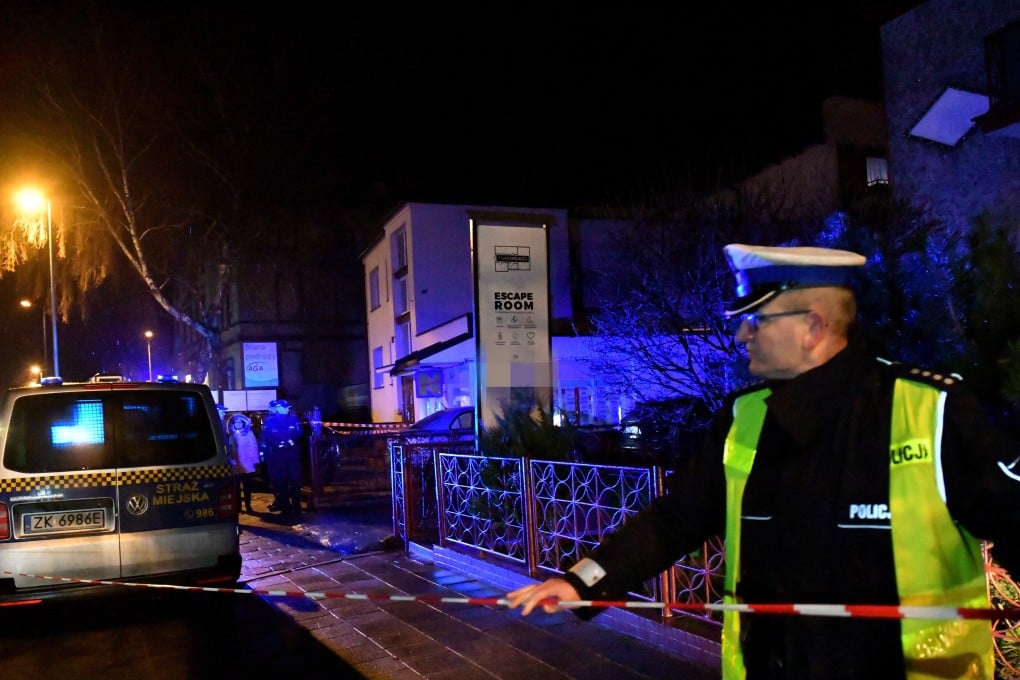 The scene of a fire in an ‘escape room’ in the Polish city of Koszalin on Thursday night, where five teenage girls died. Photo: EPA