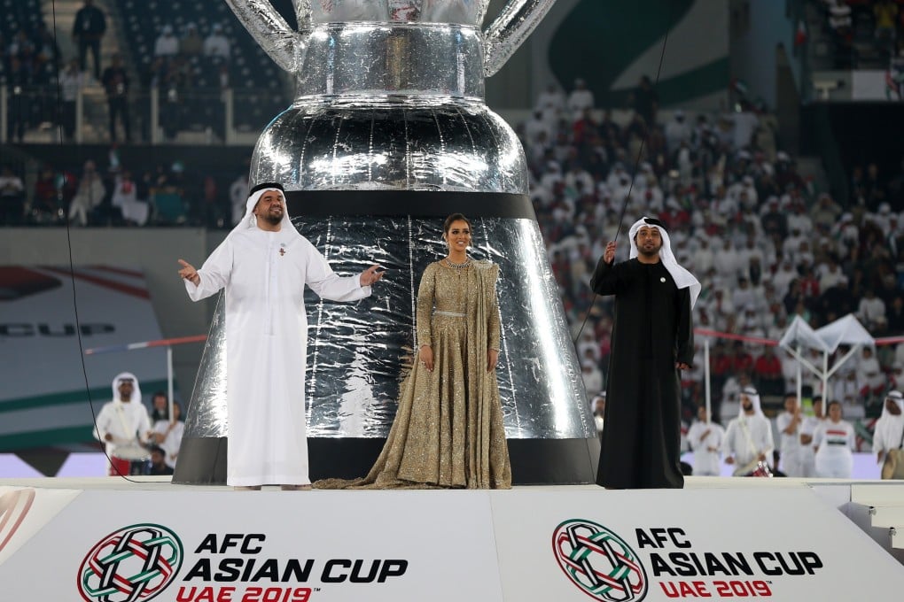 UAE singer Hussain Al Jassmi, Emirati-Yemeni singer Balqees Fathi and UAE folklore singer Eida Al Menhali perform during the opening ceremony of the 2019 AFC Asian Cup on Saturday. Photo: EPA