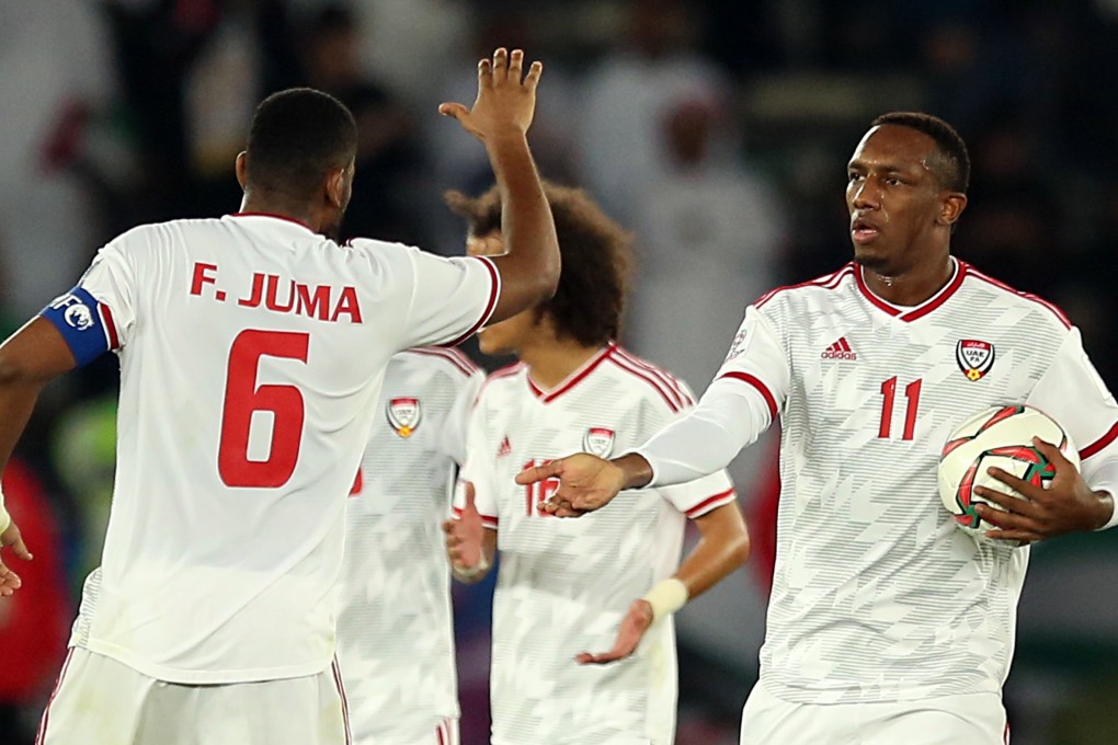 Ahmed Khalil (R) celebrates after scoring an equaliser during the 2019 AFC Asian Cup group A preliminary round match between UAE and Bahrain in Abu Dhabi. Photo: EPA