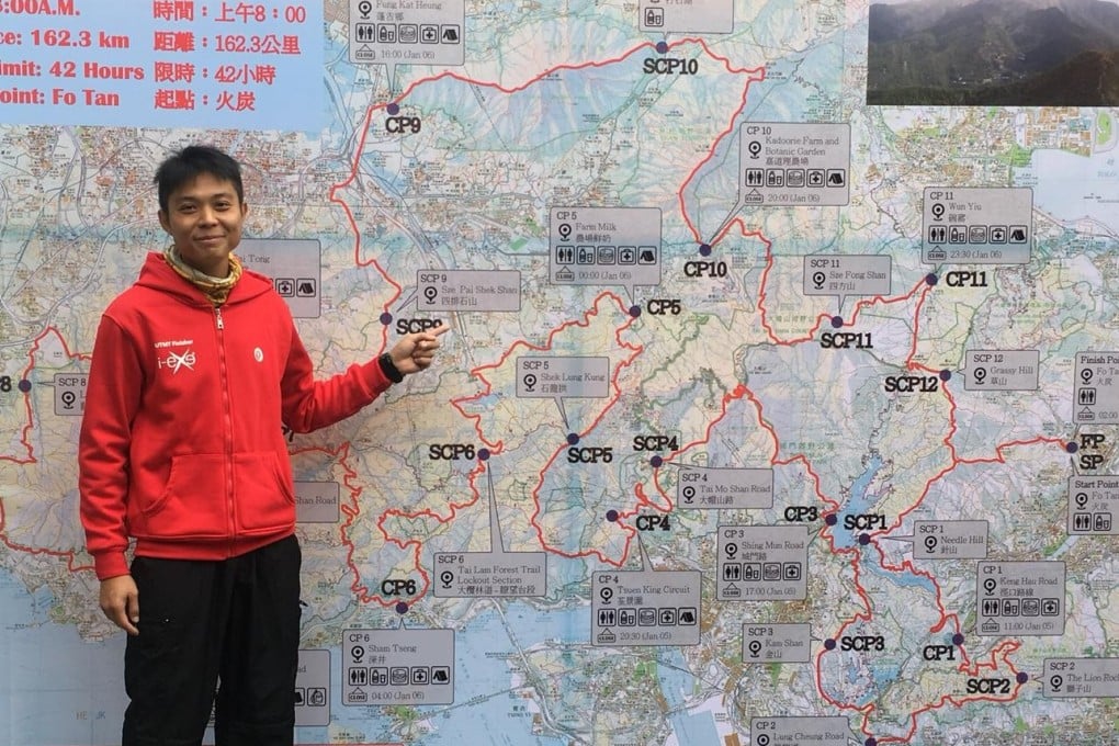 Law Kai-pong shows the route he had to take before completing his gruelling race at Tai Mo Shan. Photo: Ben Young