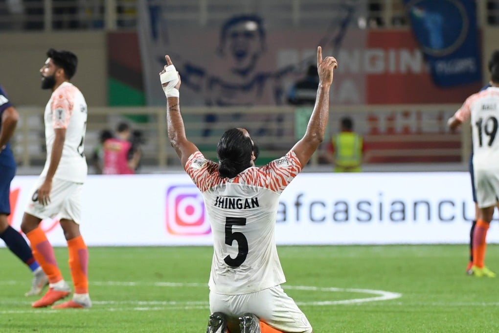 India defender Sandesh Jhingan celebrates after winning the 2019 AFC Asian Cup group A football game against Thailand. Photo: AFP
