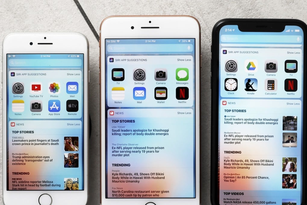 The iPhone 8, iPhone 8 Plus, and the iPhone XR on display. (AP Photo/Richard Drew)