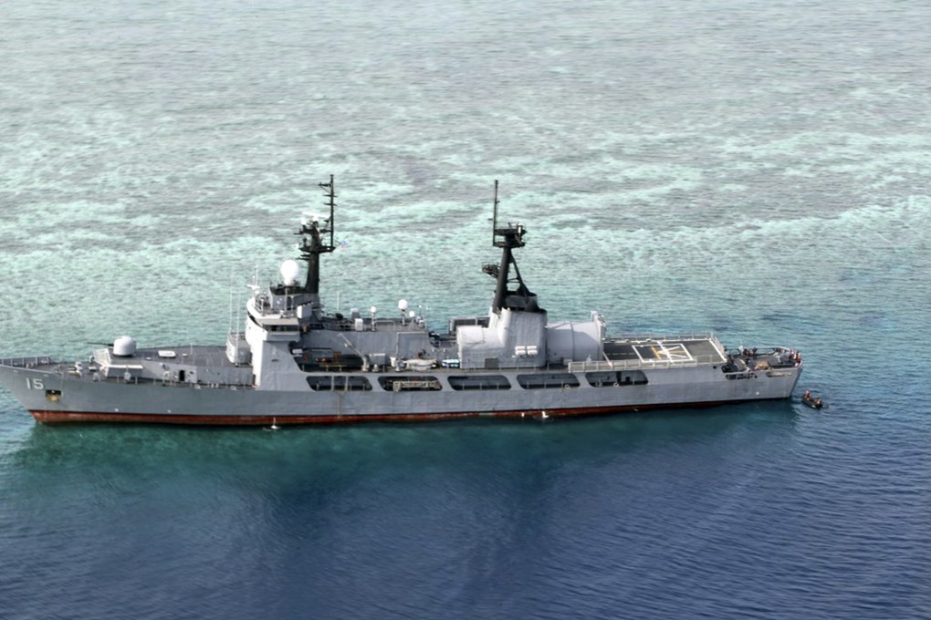 The Philippine Navy ship BRP Gregorio del Pilar after it ran aground during a routine patrol on August 29, 2018, in the vicinity of Half Moon Shoal, which is called Hasa Hasa in the Philippines, off the disputed Spratlys group of islands in the South China Sea. Photo: Armed Forces of the Philippines via AP
