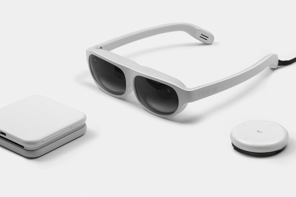 The Nreal Light mixed reality glasses. The technology is supported by an external processor connected to the glasses that fits into the palm of a user’s hand. Photo: Handout