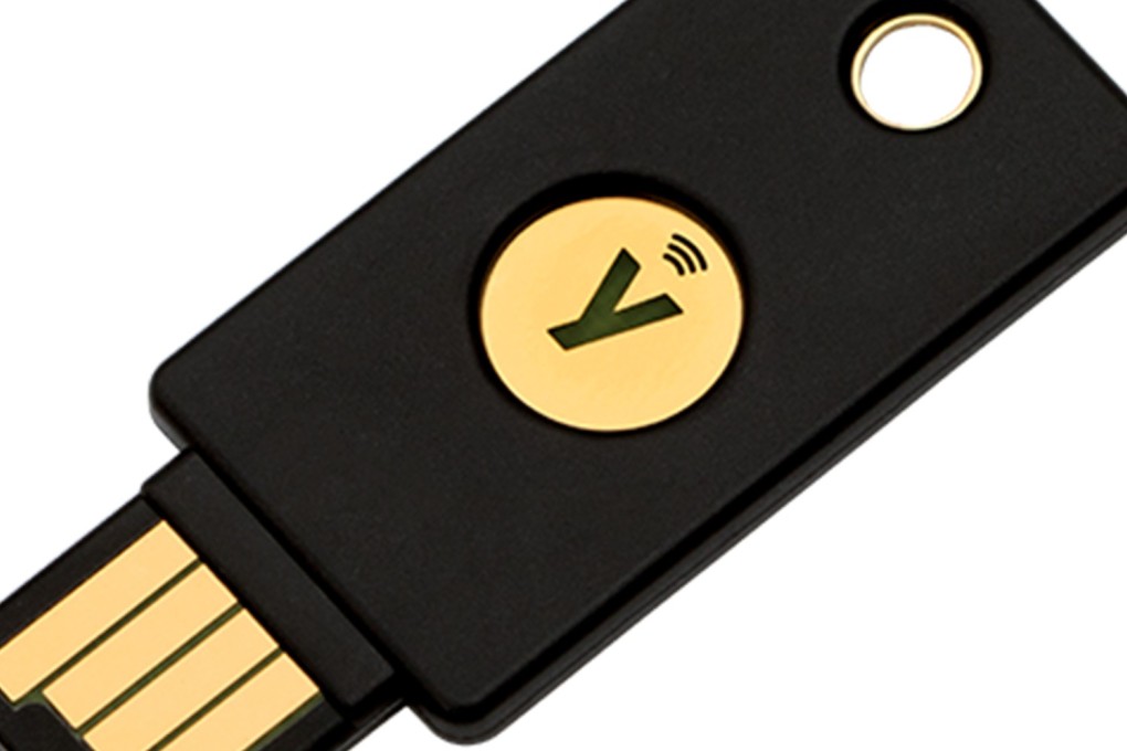 The YubiKey is a two-factor hardware dongle that verifies your identity through a physical USB-like device for greater security.