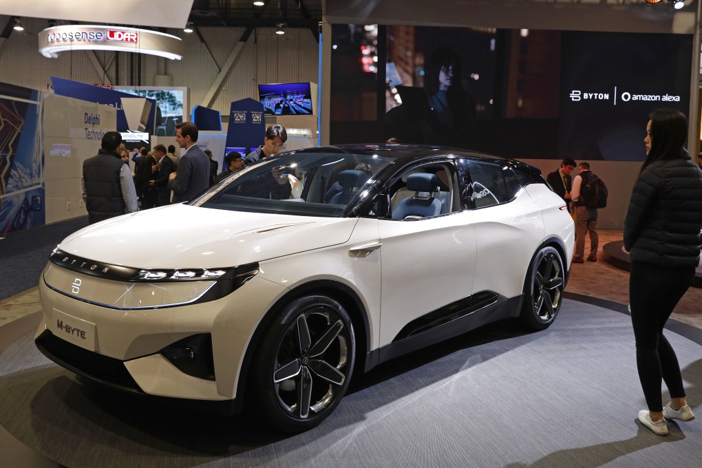 The Byton M-Byte SUV is on display at the Byton booth at CES International, Tuesday, Jan. 8, 2019, in Las Vegas. (AP Photo/John Locher)