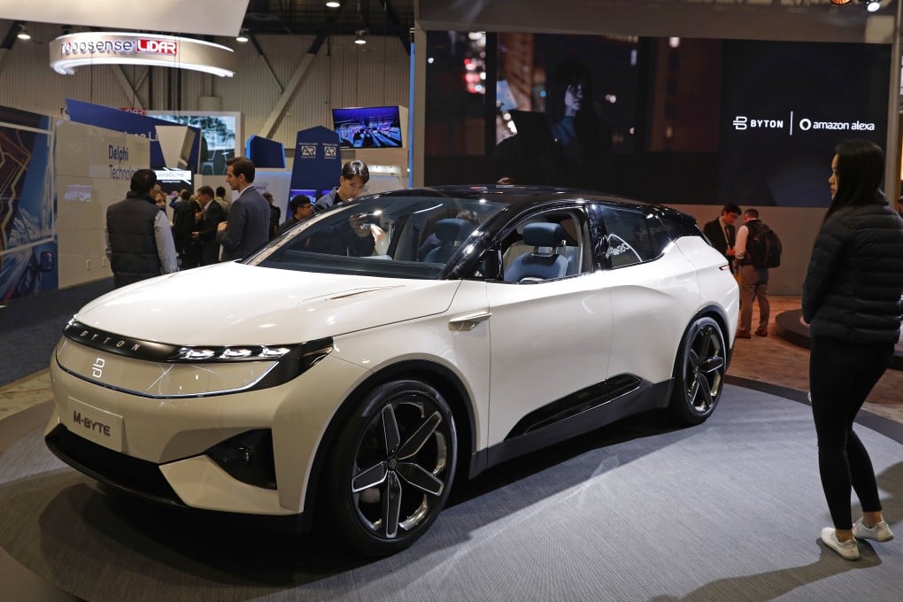 The Byton M-Byte SUV is on display at the Byton booth at CES International, Tuesday, Jan. 8, 2019, in Las Vegas. (AP Photo/John Locher)