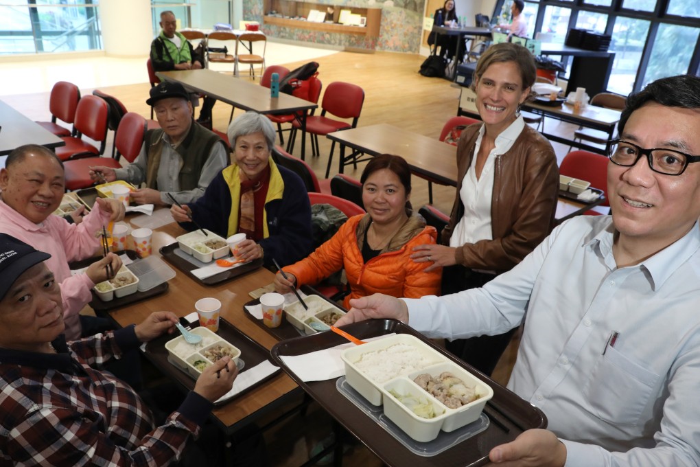 Lunch club members (left row, back to front) Pang Chi-shing, Arthur Lai Wing-wah, Chow Yau-hing, (right row, left to right) Lam Wai-wa, Wong Kam-lan and Zhang Yuling, with French Chamber Foundation general manager Servane Delahaye and Kwun Tong centre project manager Lam Ka-keung at a Lunch Club session. Photo: Nora Tam
