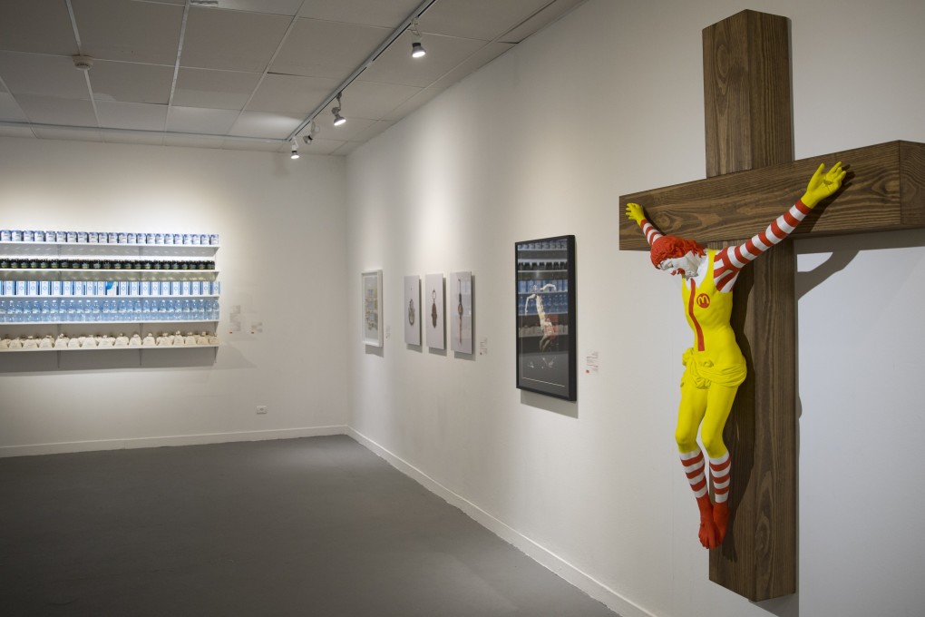 An artwork called “McJesus”, which was sculpted by Finnish artist Jani Leinonen is seen on display as part of the Haifa museum's “Sacred Goods” exhibit on Monday. Photo: AP