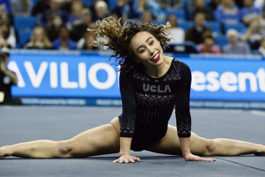 Katelyn Ohashi of UCLA during an NCAA college gymnastics match in Los Angeles. Photo: AP/Ben Liebenberg