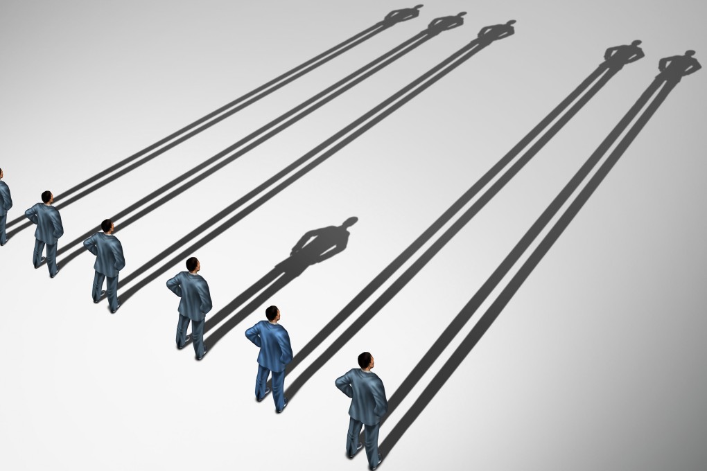 Erectile dysfunction medical concept as a group of men standing casting long shadows but one individual male casts a short shadow as a urology and psychological symbol for erection problems or sexual performance in a 3D illustration style. Photo Alamy