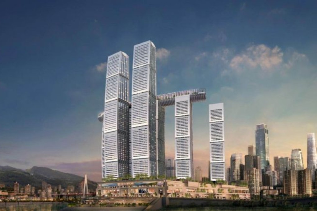 Raffles City in Chongqing, China, is a massive undertaking under construction with towers shaped as billowing sails. It will include a shopping mall, office space, 1,400 residential apartments, and a luxury hotel, according to CapitaLand, which is developing it along with Ascendas-Singbridge. Image: CapitaLand