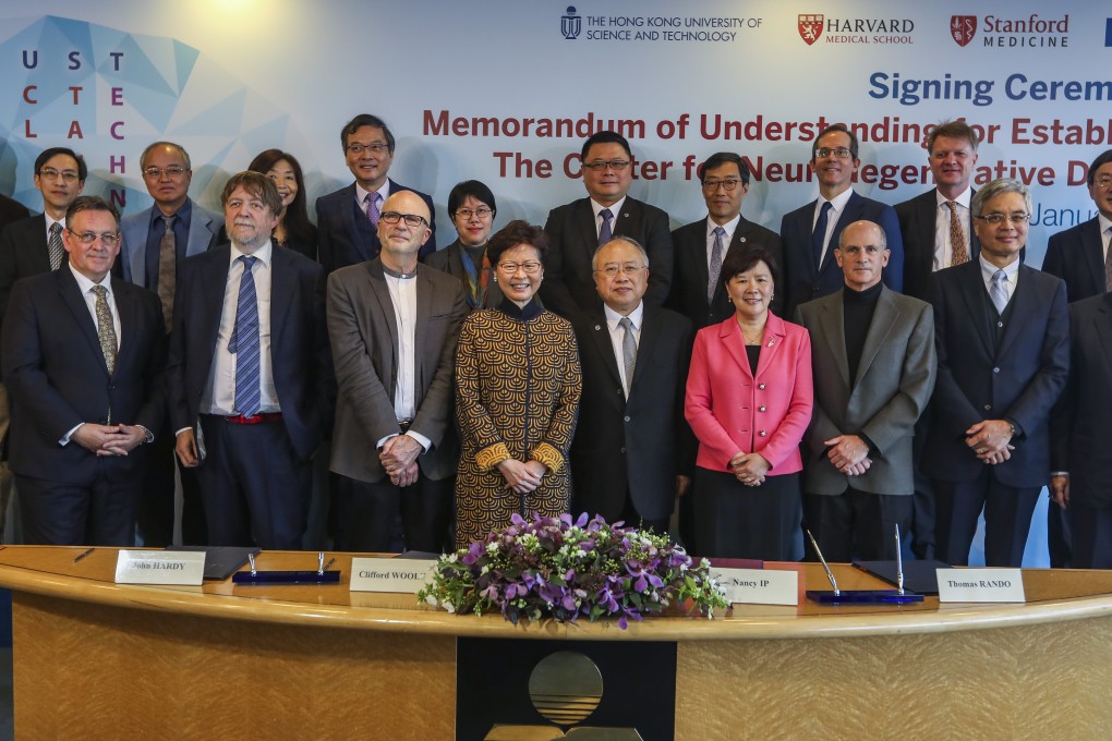 Carrie Lam (centre) officiated at the signing ceremony. Photo: Xiaomei Chen