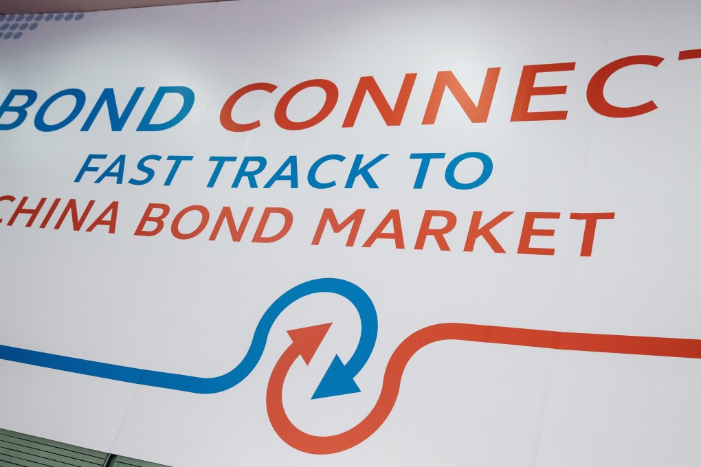 Signage for the China-Hong Kong Bond Connect is seen at the Hong Kong stock exchange in Hong Kong, China. Photo: Bloomberg