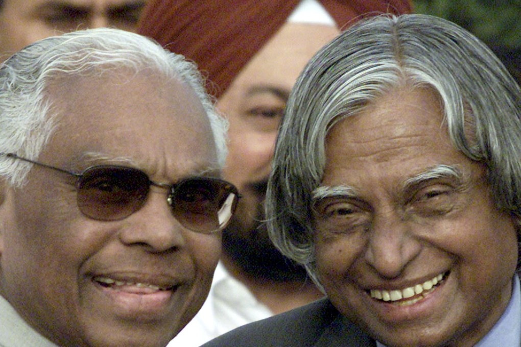A.P.J. Abdul Kalam (right), the president of India from 2002 to 2007, poses with his outgoing predecessor, K.R. Narayanan, in New Delhi in July 2002. Kalam, who died in 2015, was a highly regarded scientist who played a leading role in the development of India’s missile and nuclear weapons programmes. Photo: Reuters