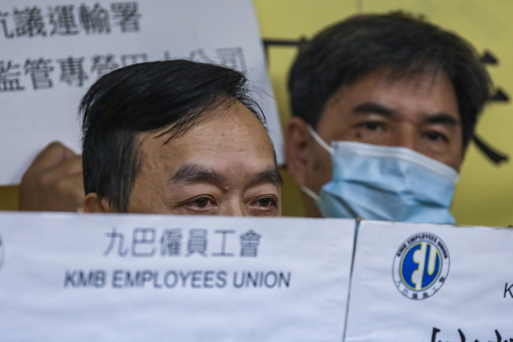 Members of the 1,600-strong KMB Employees Union cite a faulty detection system as they call on the bus operator to withdraw about 1,000 warning letters issued to drivers for speeding, in Cheung Sha Wan on January 10. Photo: Nora Tam