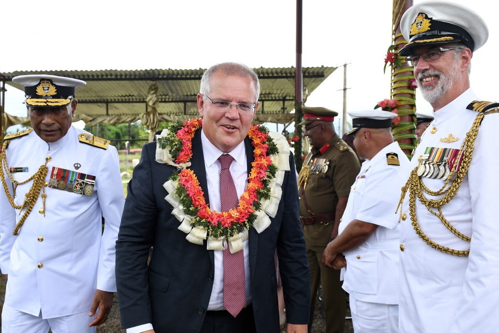 Australian Prime Minister Scott Morrison during a visit to the Blackrock Camp Project in Nadi, Fiji. Photo: EPA