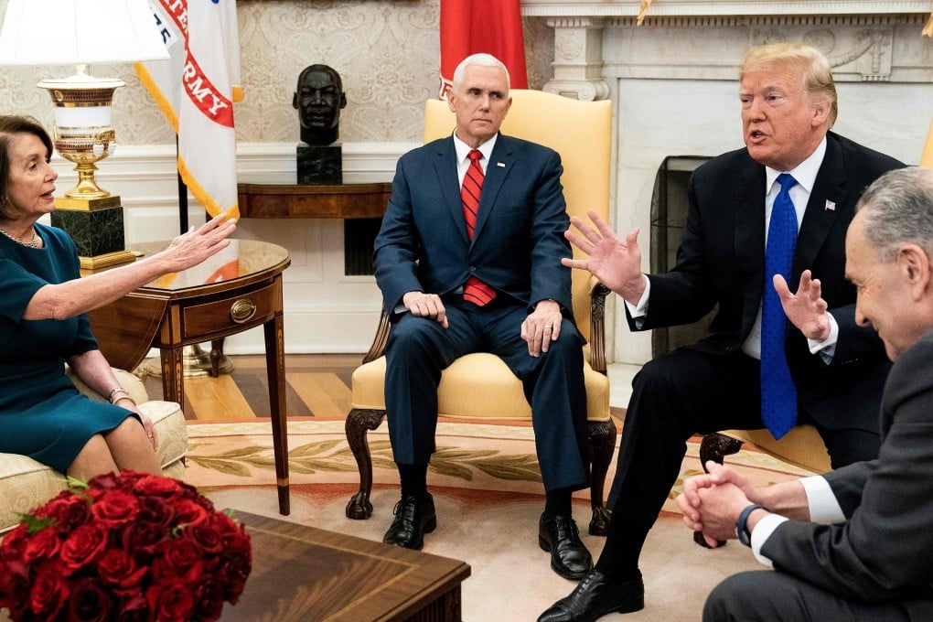 During this December 11 meeting at the White House, from left, Representative Nancy Pelosi, US Vice-President Mike Pence, US President Donald Trump and Senator Charles Schumer debated funding for a border wall and Trump’s vow to shut the government down if it wasn’t provided. Photo: AFP