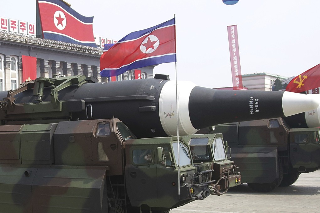What analysts believe could be the North Korean Hwasong 12 is paraded across Kim Il-sung Square during a military parade in Pyongyang, North Korea in April 2017. Photo: AP