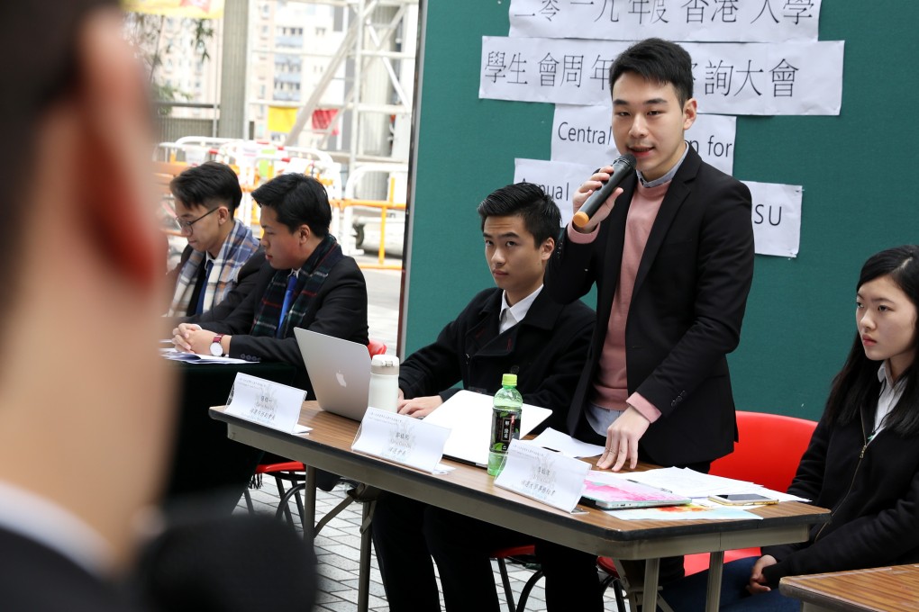 The Prism trio: Cheung Shun-yat, proposed internal vice-president (left); Cheng Chun-hei, proposed president (centre); and Li Yung-chun, proposed university affairs secretary (right). Photo: Nora Tam
