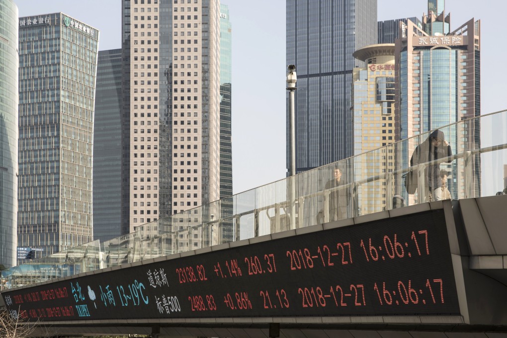 An electronic ticker displays stock figures in Shanghai’s financial district. Chinese stocks will trend higher in the first three months of 2019, according to Chen Li, chief economist at Soochow Securities. Photo: Bloomberg