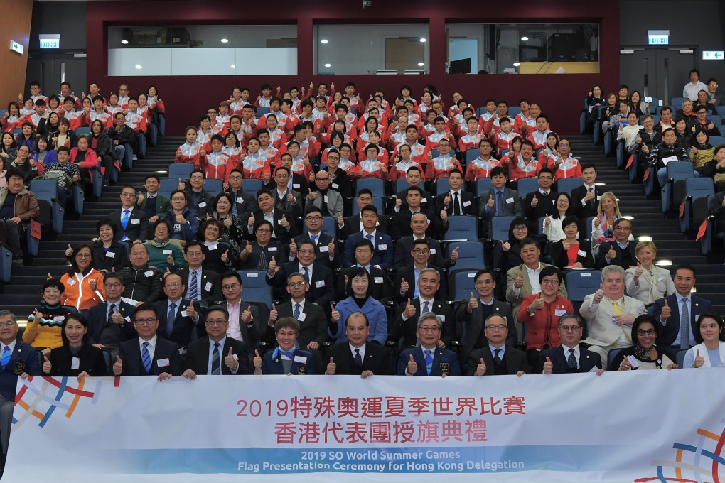 Hong Kong Special Olympians and other members of the delegation pictured with acting chief executive Matthew Cheung at a ceremony ahead of the 2019 summer games in Abu Dhabi in March. Photo : ISD