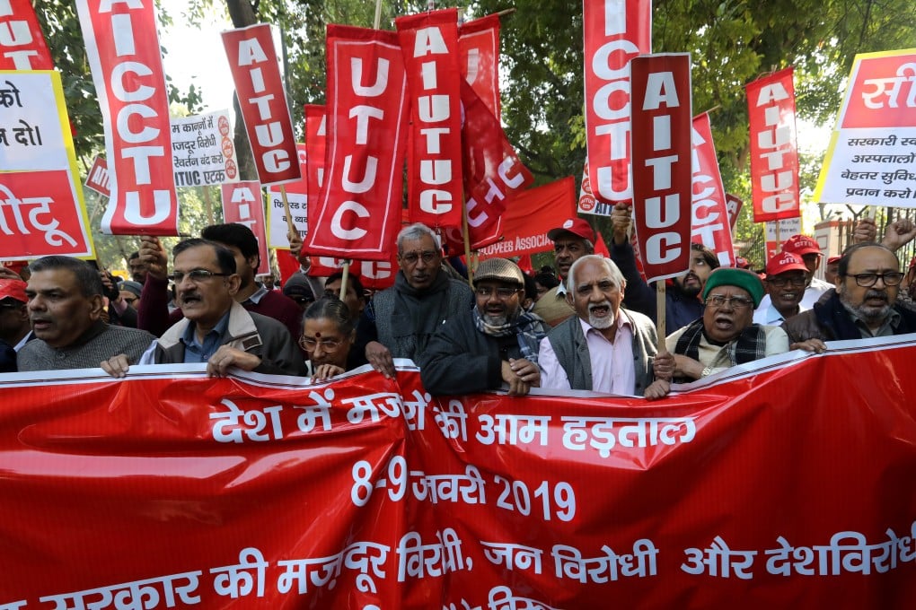 Trade unionists protest in Delhi earlier this month, one of a wave of strikes ahead of this year’s general election. Photo: EPA-EFE