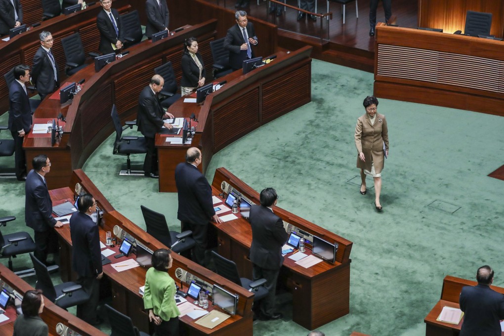 Hong Kong Chief Executive Carrie Lam attends a question-and-answer session in Legco on January 10. Our legislature’s brief moment of united defiance came last week when government-friendly lawmakers voted with the opposition against the government’s raising of the elderly welfare age from 60 to 65. Photo: Sam Tsang