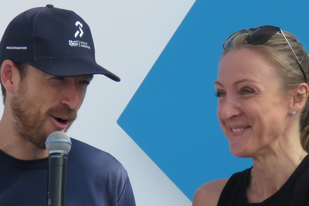 Eoin Flynn interviews Paula Radcliffe at the Muscat Marathon. He quit his desk job and a series of coincidence led him to become the finish line announcer at the UTMB. Photo: Pavel Toropov
