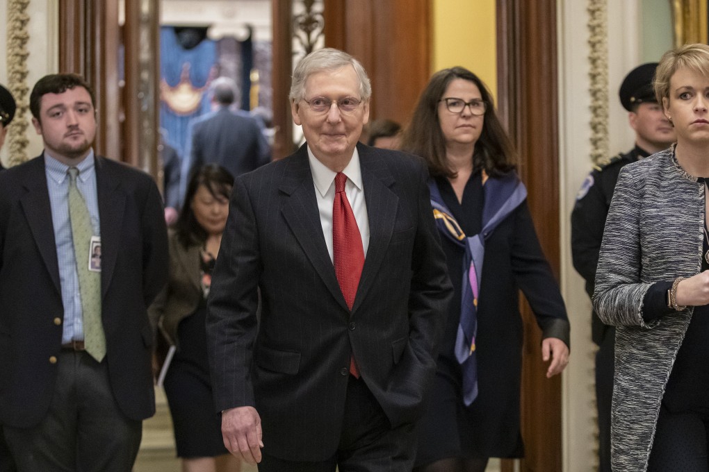 Senate Majority Leader Mitch McConnell leaving the chamber after two failed votes to end the partial government shutdown. Photo: AP