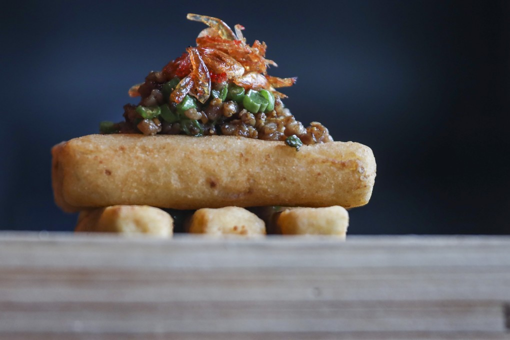 Crispy aubergine with sakura shrimp and green string beans at The Chinese Library, Tai Kwun, Central. Photo: Xiaomei Chen
