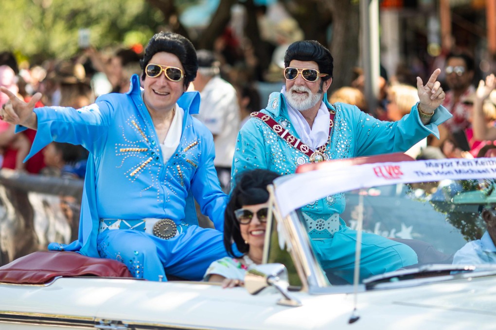 The Parkes Elvis Festival is an annual event celebrating the music and life of Elvis Presley in the New South Wales town of Parkes. Australia's deputy prime minister Michael McCormack (left) and Parkes mayor Ken Keith (right) take part in the street parade. Photo: AFP