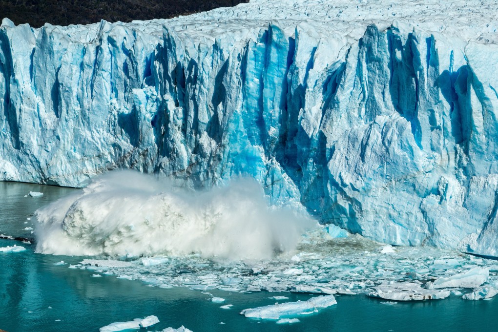 A chunk of ice collapses at Perito Moreno Glacier in Argentinian Patagonia. Picture: Alamy