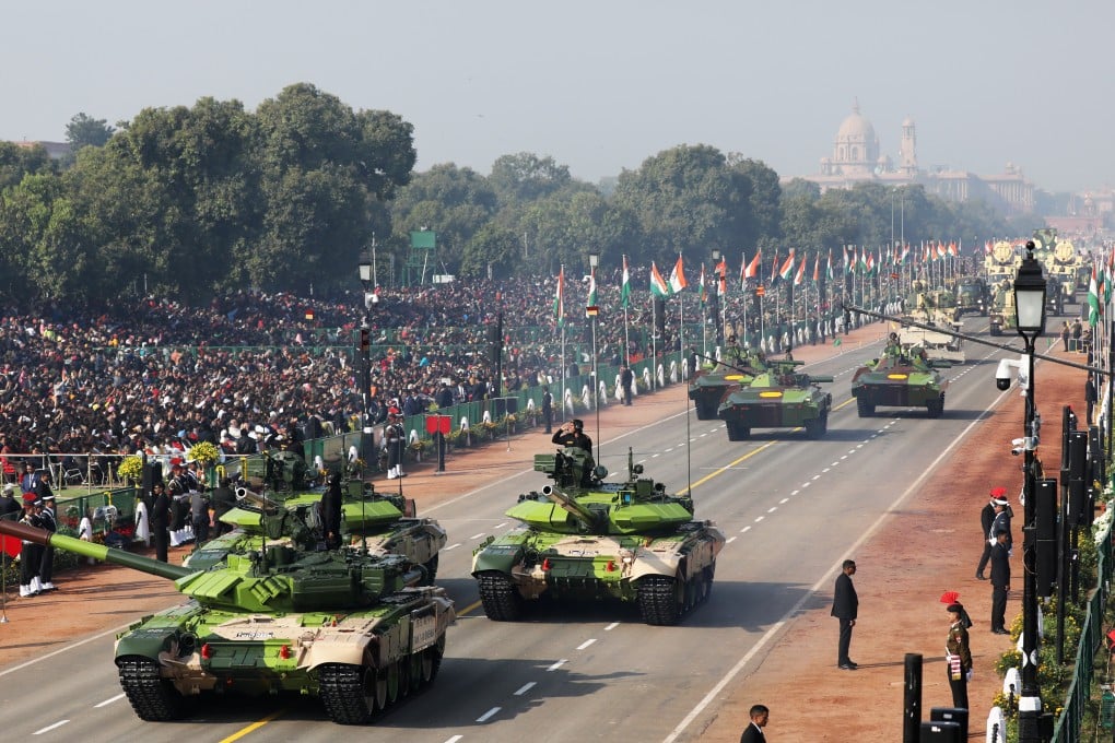 T-90 roll along the parade route in New Delhi. Photo: Bloomberg