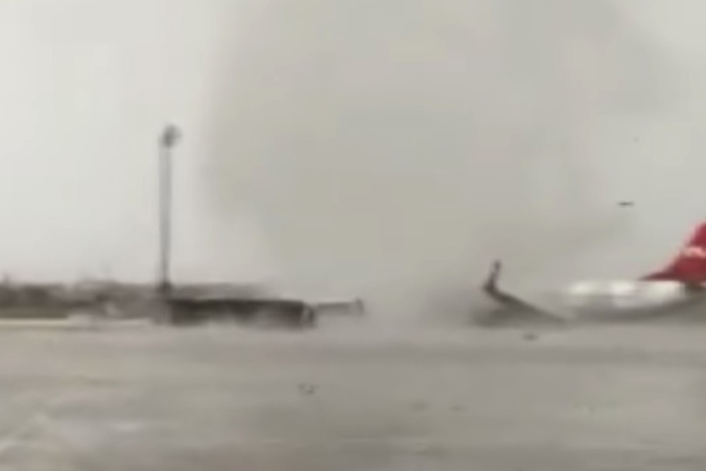 Frame from a video of a powerful tornado at Antalya Airport, Turkey. Photo: YouTube