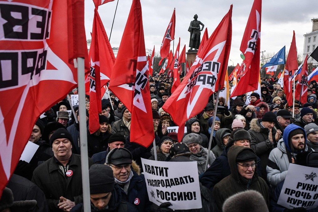 Protesters in Moscow demand a stop to talks with Japan over the Kuril Islands’s future. Photo: AFP