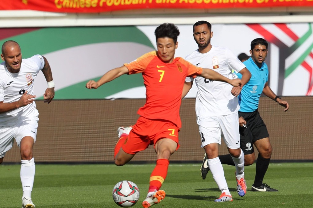 China's Wu Lei fights for the ball at the 2019 AFC Asian Cup football match against Kyrgyzstan. Photo: AFP