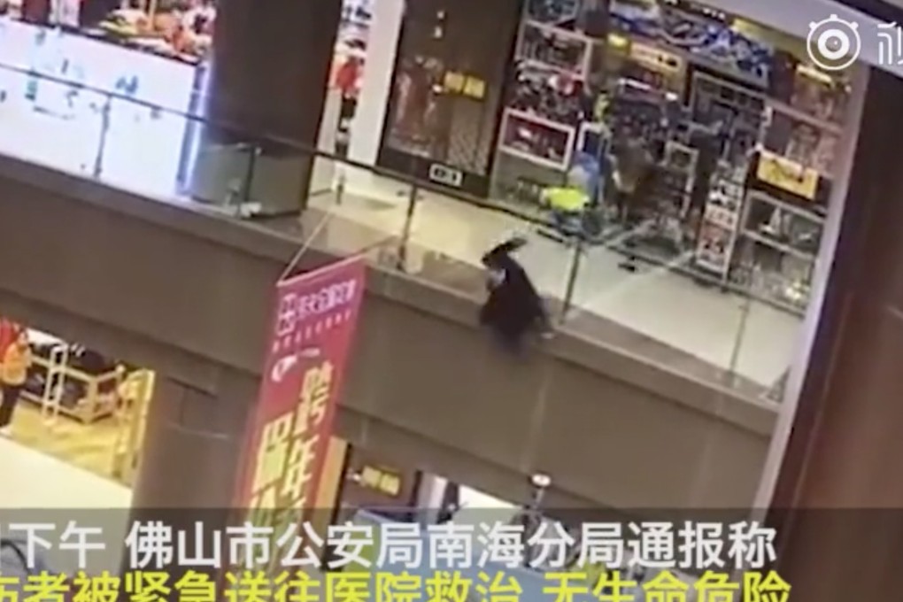 A young girl is being treated in hospital after being thrown from a third-floor balcony at a shopping centre in southern China. Photo: Weibo