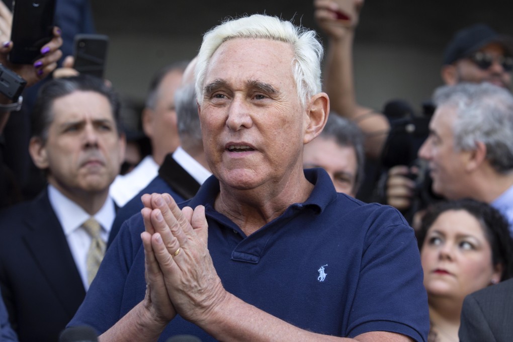 Roger Stone, former adviser to Donald Trump’s presidential campaign, speaks to the media outside federal court in Fort Lauderdale, Florida. Photo: Bloomberg