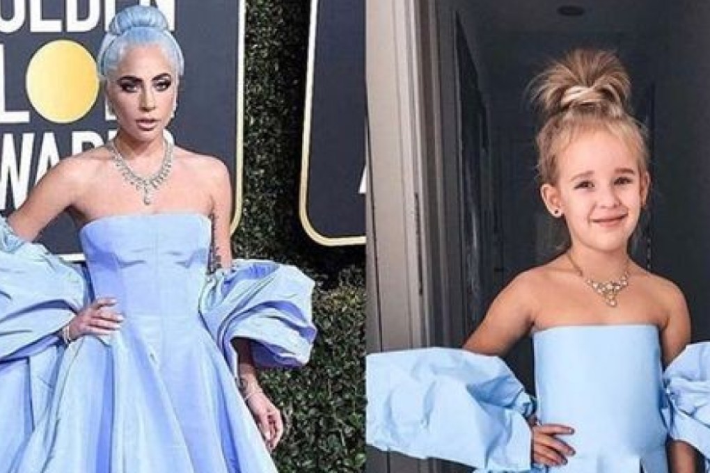 Alya Chaglar’s five-year-old daughter models a recreation of Lady Gaga’s Valentino dress that she wore at this month’s Golden Globes. Photo: Instagram