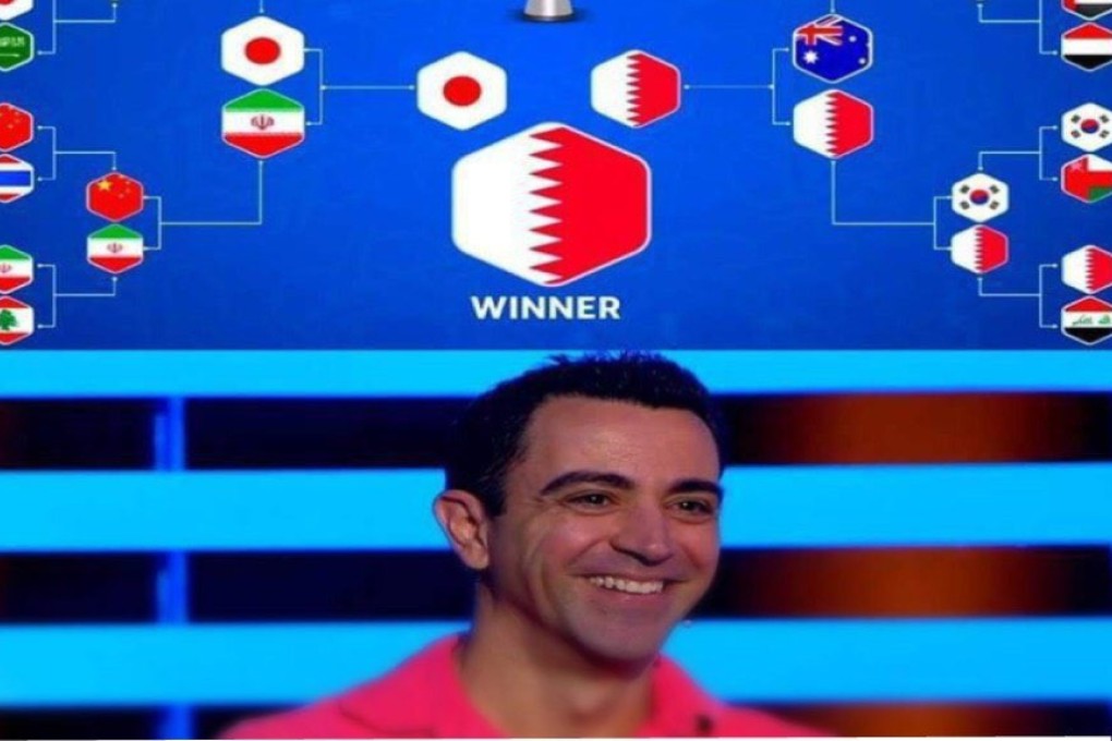 Xavi Hernandez stands in front of his AFC Asian Cup 2019 predictions. Photo: Twitter/@alkasschannel