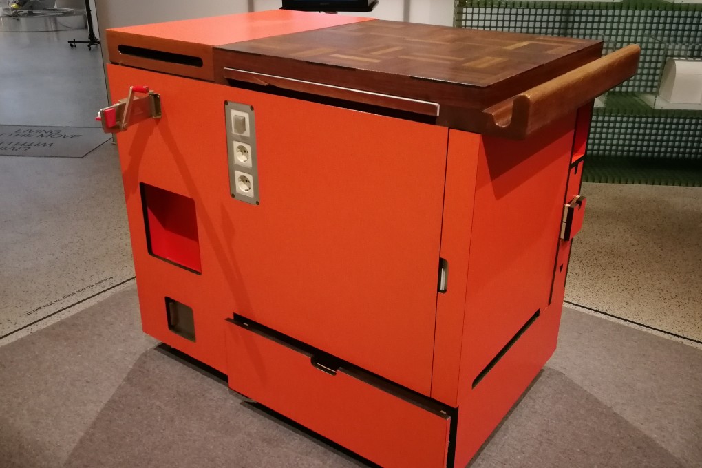 Italian designer Joe Colombo’s electrically powered mobile Mini Kitchen. Designed in 1963, it contains two hotplates, cutting board, fridge, storage compartments, plug sockets, and a handy, swing-out tin-opener. Photo: Stephen McCarty