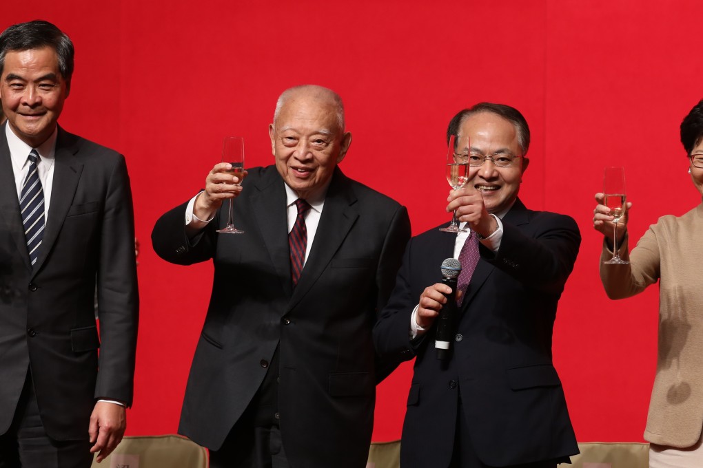 (From left) Former Hong Kong leaders Leung Chun-ying and Tung Chee-hwa, liaison office chief Wang Zhimin and Hong Kong Chief Executive Carrie Lam. Photo: Sam Tsang