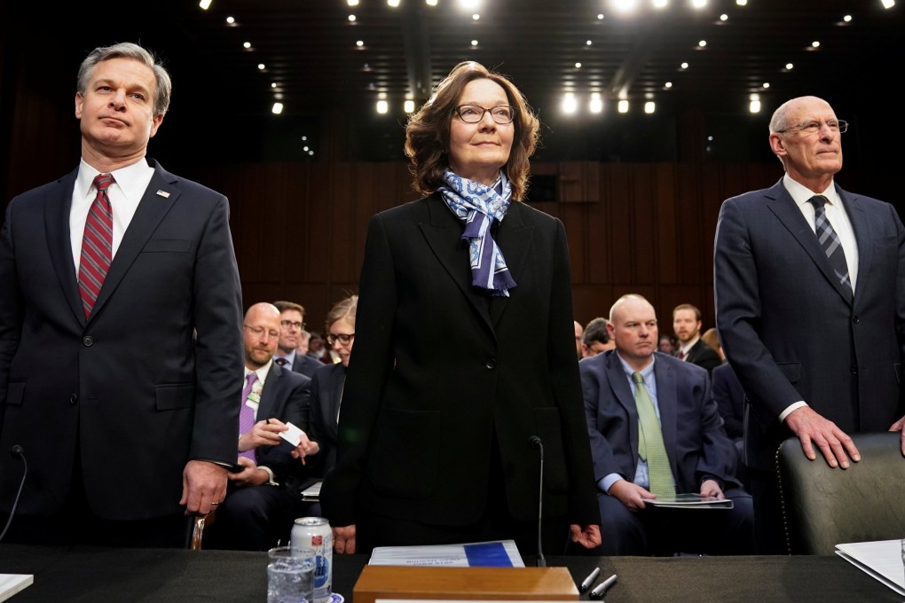FBI Director Christopher Wray (left), CIA Director Gina Haspel and Director of National Intelligence Dan Coats at a Senate Intelligence Committee hearing on ‘worldwide threats’ in Washington on Tuesday. Photo: Reuters