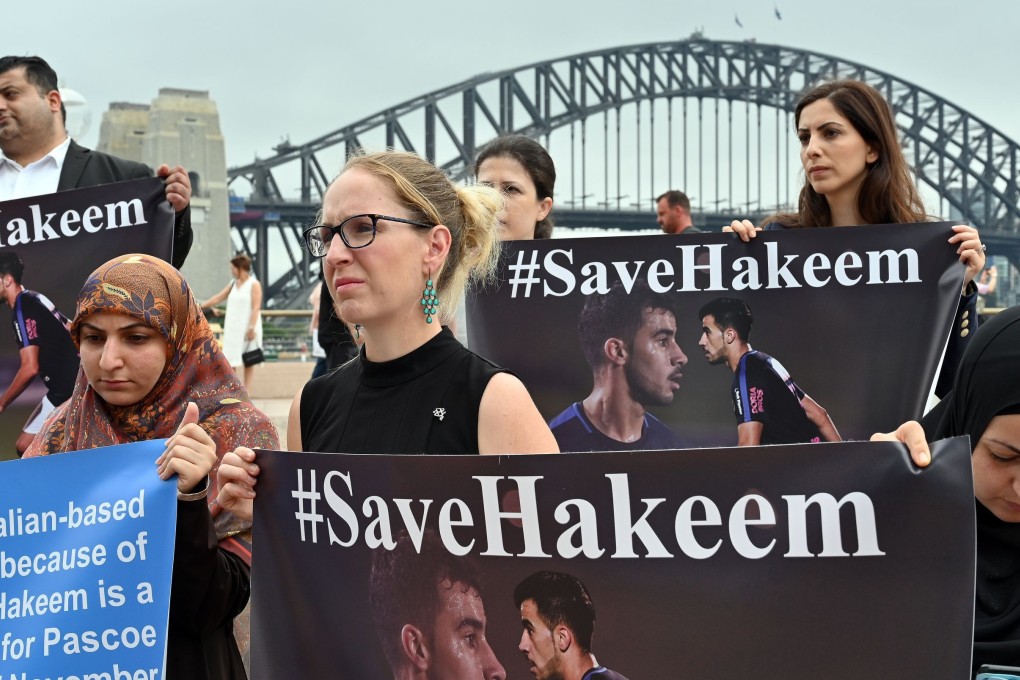 Human rights groups a hold a protest in front of the Opera House in Sydney for Hakeem al-Araibi on January 10. Photo: AFP