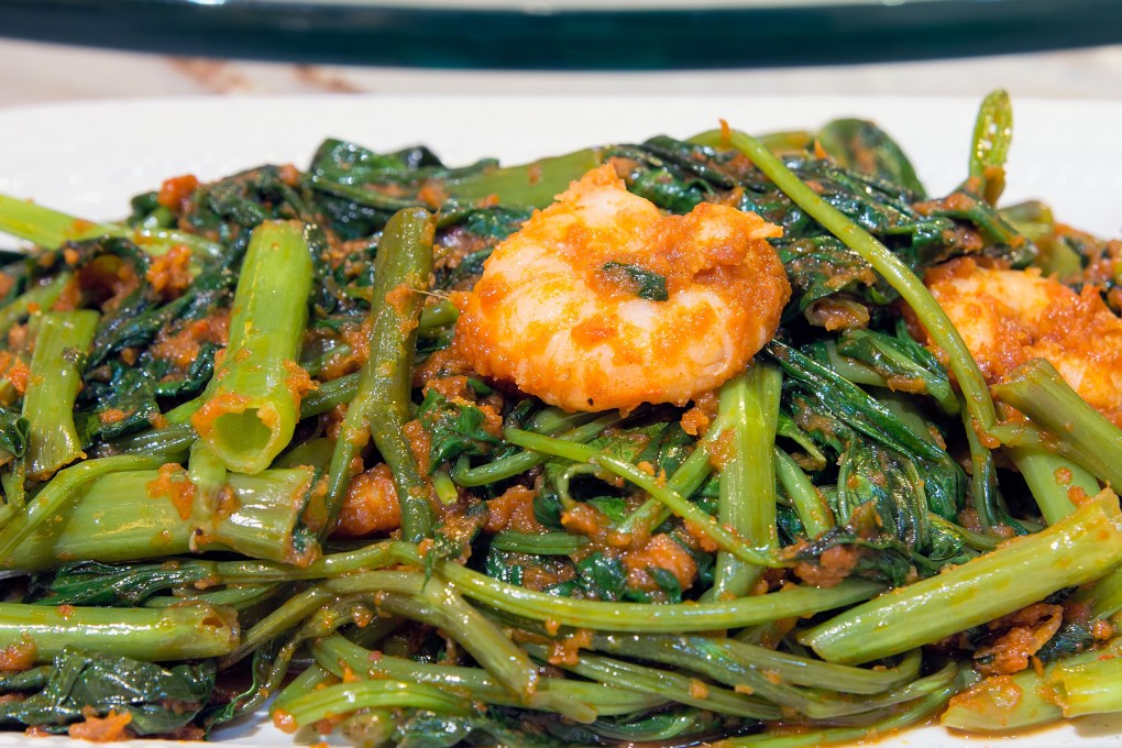 A Nonya dish of prawns and water spinach stir-fried with sambal belachan.