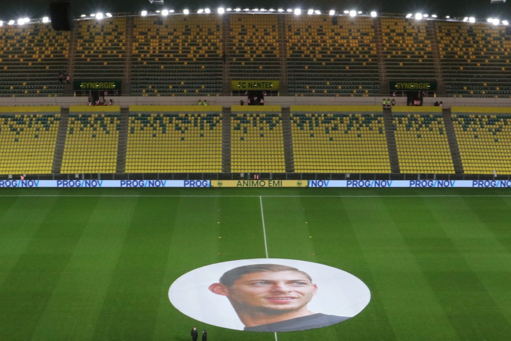 FC Nantes supporters display a huge banner depicting Argentinian soccer player Emiliano Sala on Wednesday. Sala when went missing on 21 January after a light aircraft he was travelling vanished. Photo: EPA-EFE