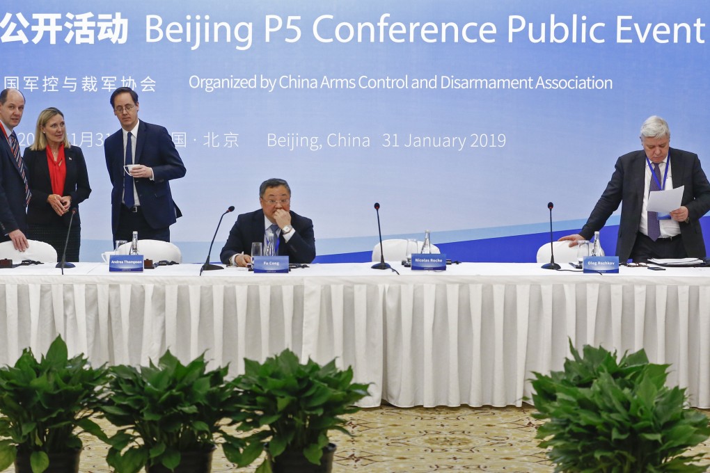 Delegation members from the UN Security Council's five permanent members (P5) from left; Philip Barton of the United Kingdom, Andrea Thompson of the US, Nicolas Roche of France, Fu Cong of China, and Oleg Rozhkov of Russia attend a panel discussion after a Treaty on the Non-Proliferation of Nuclear Weapons (NPT) conference in Beijing, China, Thursday. Photo: AP