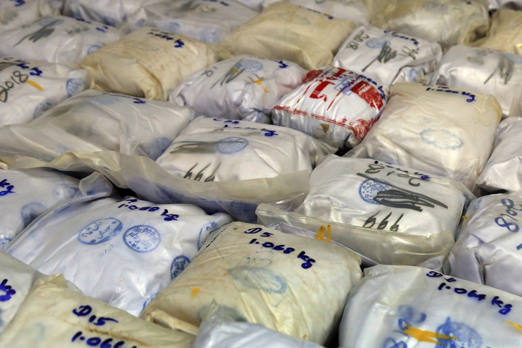 Bags of heroin on display at the Sri Lanka Narcotics Bureau in Colombo. Photo: EPA