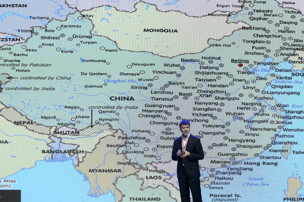 Uber Technologies co-founder Travis Kalanick speaks in front of an electronic board showing a map of China at the Baidu World Conference in Beijing in 2015. The serial entrepreneur now plans to return to China through another start-up, City Storage Systems, which redevelops properties into tech-enabled infrastructure, like kitchens, for the food industry. Photo: Reuters